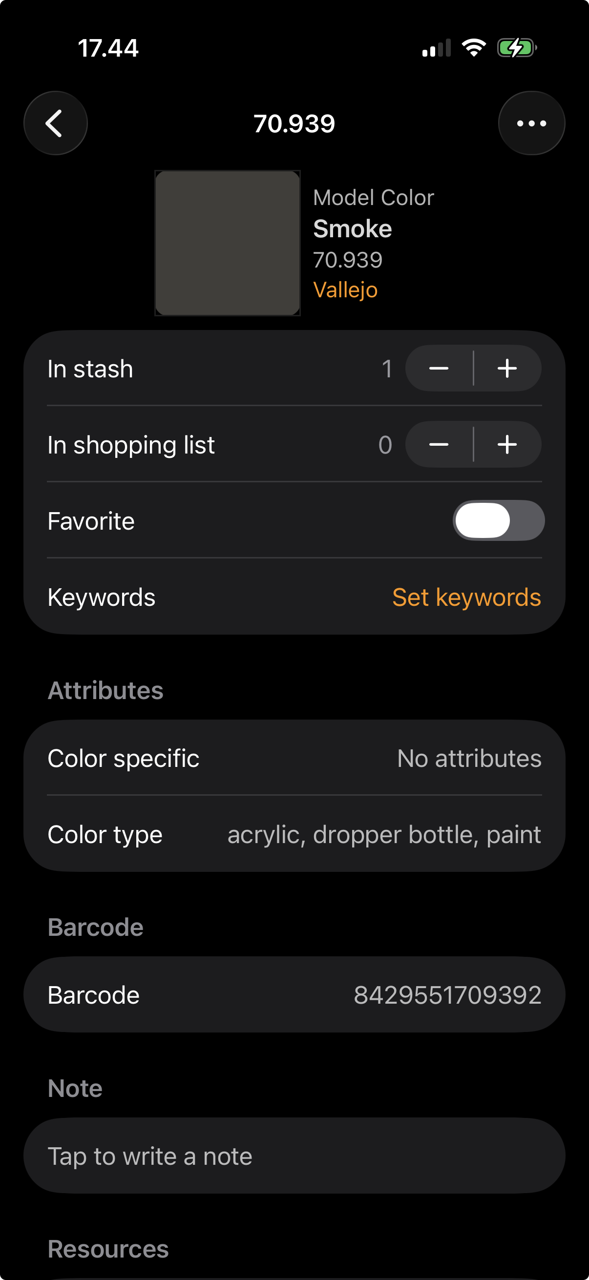Detailed information for a single color