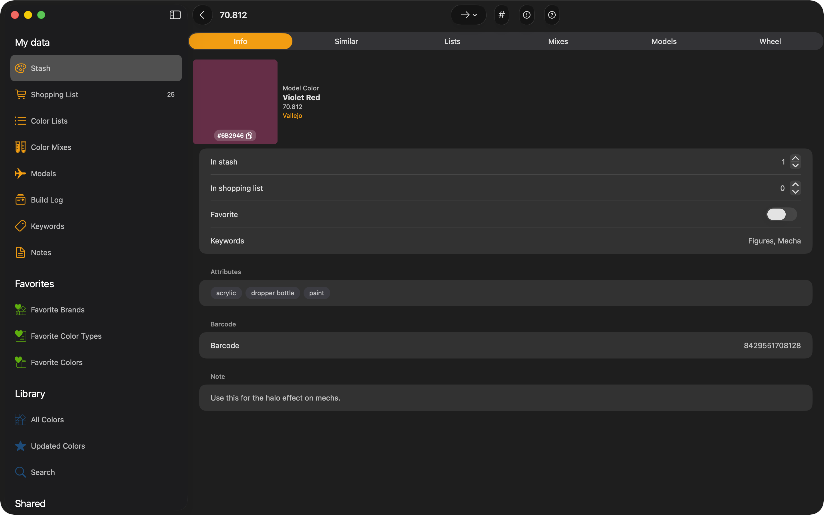 Detailed information for a single color